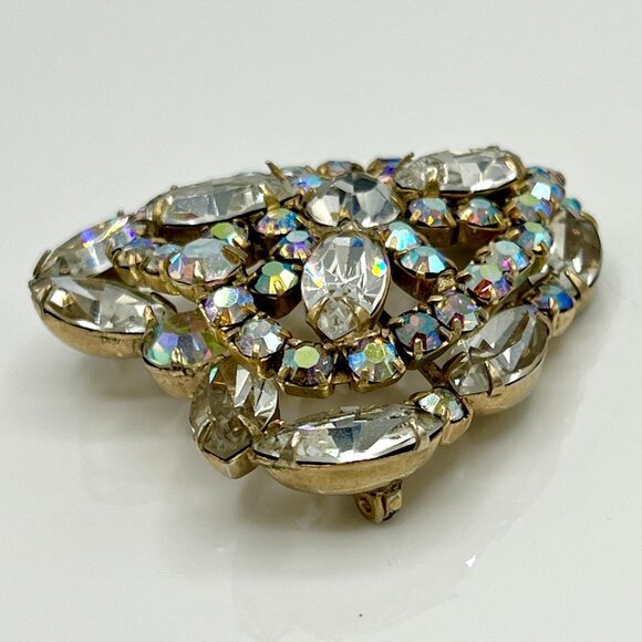 Large Vintage 1950s Heart Shaped Rhinestones Brooch Pin Layered - Picture 7 of 12
